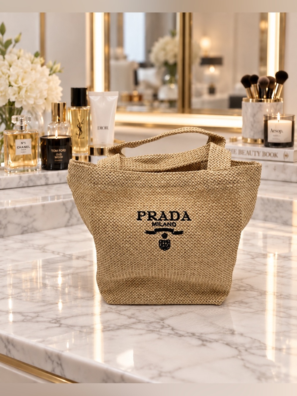 NWT Prada GWP Raffia Straw VIP Cosmetic Tote Bag